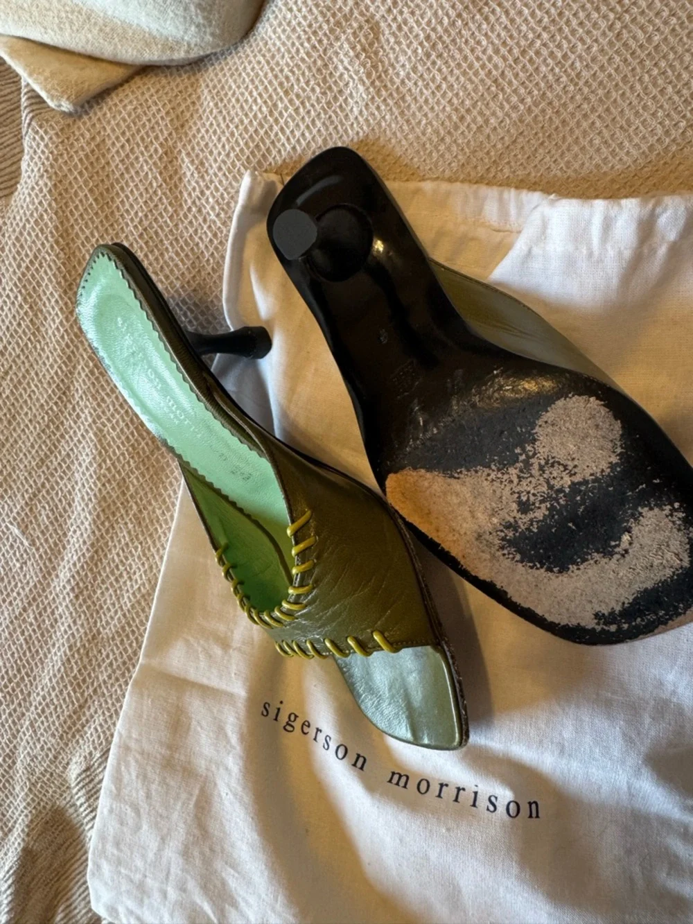 Sigerson Morrison Olive & Mint Leather Slide Mules - Picture 2 of 2